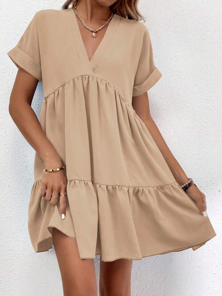 SHEIN Frenchy Roll Up Sleeve Ruffle Hem Smock Dress | SHEIN