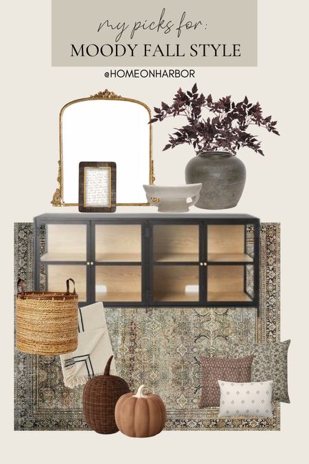Moody fall home decor inspo: vintage mirror, black cabinet, burgundy stems, aged vase, loloi Layla rug, throw pillows, fall decor 

#LTKSeasonal #LTKstyletip #LTKhome