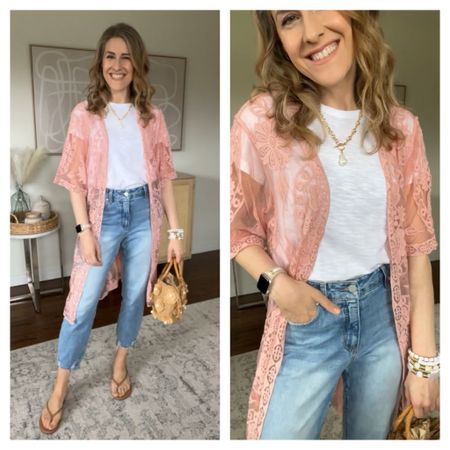 Walmart lace duster cardigans are back, great for travel because you can wear them with jeans or shorts, dresses, or over a bathing suit. I like these new raw hem jeans too! Relaxed fit, I got my usual size 6. Love the lightwash for spring. 

#LTKfindsunder100 #LTKover40 #LTKfindsunder50