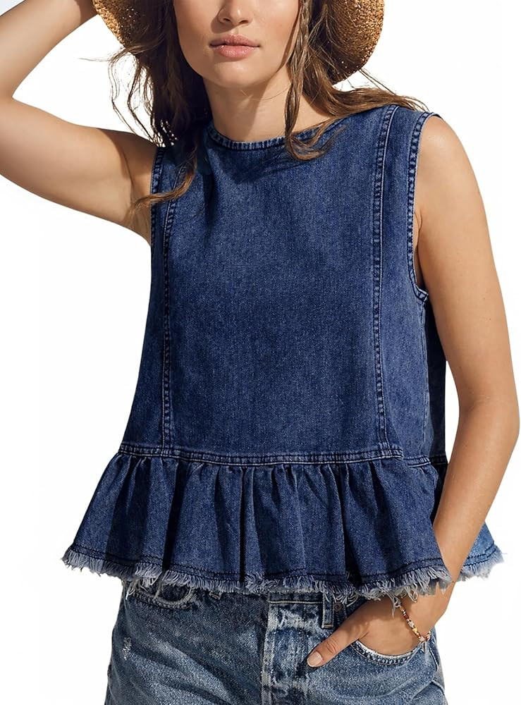 Huaqiao Womens Summer Sleeveless Denim Tops Button Back Crew Neck Jean Vest Cute Swing Ruffle Hem... | Amazon (US)