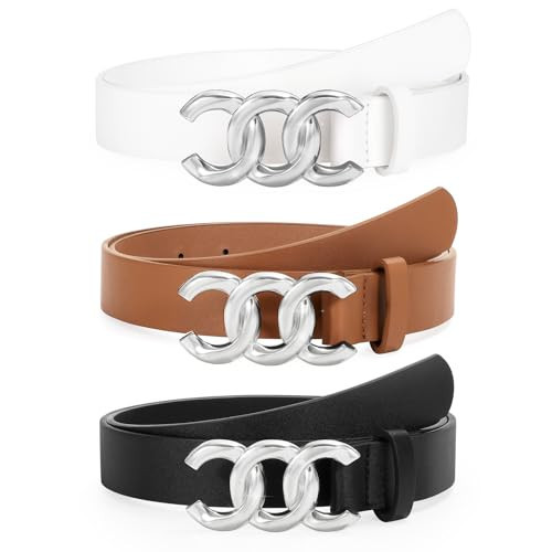 TRIWORKS Women Leather Belts for Jeans Pants, Fashion Gold Buckle Ladies Leather Dress Belt, J-Brown+Black+White(Silver Buckle) | Amazon (US)