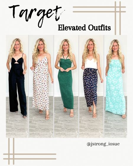Elevated outfits from Target! Wear these outfits to a wedding, special event, or to dinner! Jumpsuit is linen, green halter dress is a stretchy sweater dress. Wrap skirt has a tie knot detail. Light green dress has a cut out back and pockets. 

#LTKstyletip #LTKfindsunder50