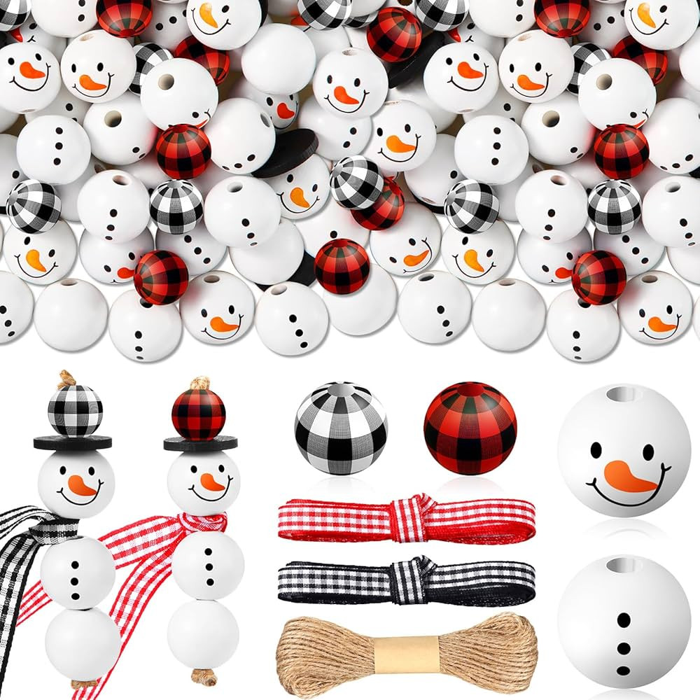 Landical 180 Piece DIY Christmas Snowman Wooden Bead Crafts Christmas DIY Ornaments Red Black Buf... | Amazon (US)