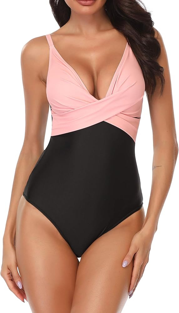 B2prity Women's One Piece Swimsuits Tummy Control Front Cross Bathing Suits Slimming Swimsuit V Neck | Amazon (US)