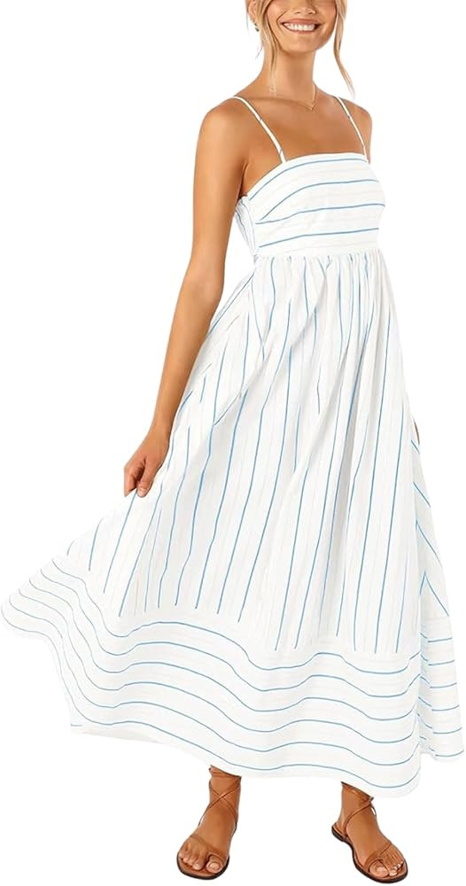 CHARTOU Women's Summer Spaghetti Strap Striped Maxi Long Dress Sleeveless Smocked Cut Out Swing D... | Amazon (US)