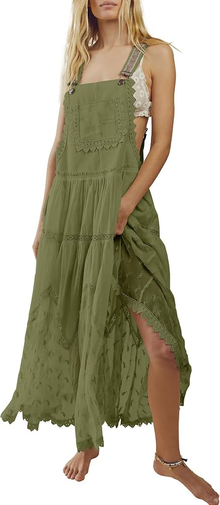 Gacaky Summer Dress for Women Casual Floral Embroidered Bohemian Dress Adjustable Straps Bib Maxi... | Amazon (US)