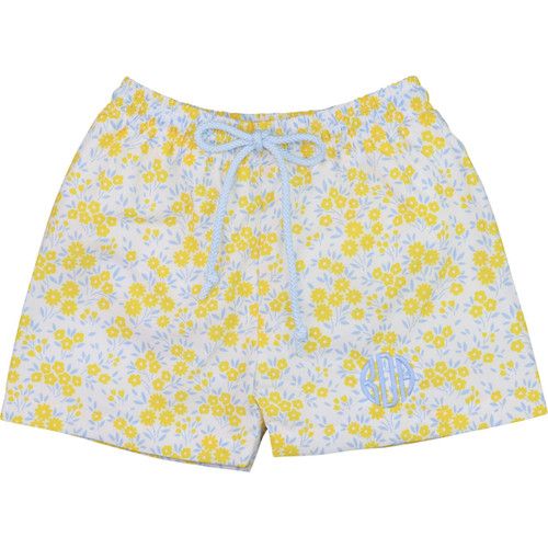 Yellow And Blue Floral Print Swim Trunks - Shipping Early April | Cecil and Lou