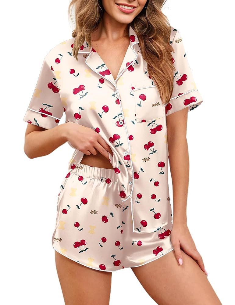 Ekouaer Womens Silk Satin Pajamas Set Short Sleeve Sleepwear Button Down Loungewear 2 Piece Pjs S... | Amazon (US)
