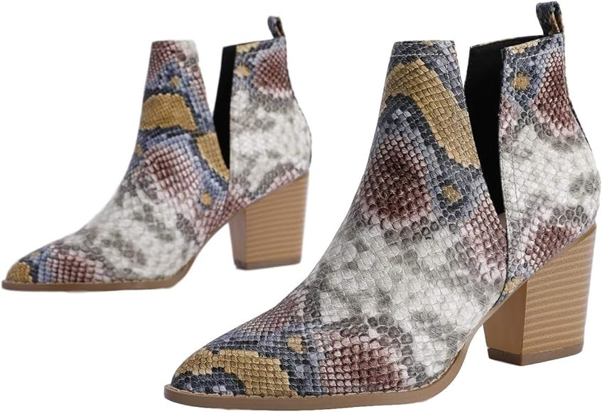 YOMISOY Womens Ankle Boots Pointed Toe Slip On V Cutout Snakeskin Two Tone Chunky Stacked Mid Hee... | Amazon (US)