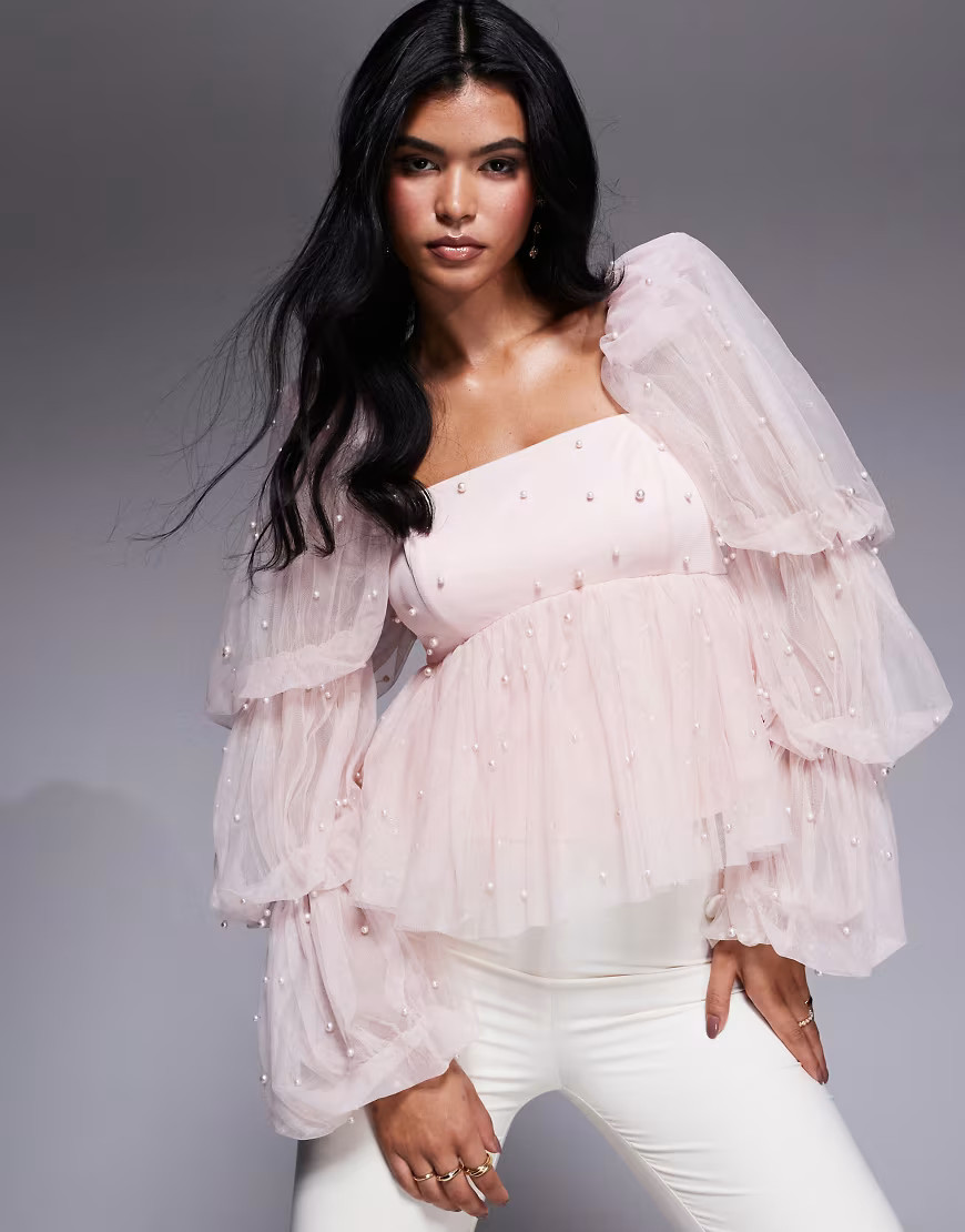 ASOS LUXE tulle baby doll top with pearl embellishment in pink-Neutral | ASOS (Global)