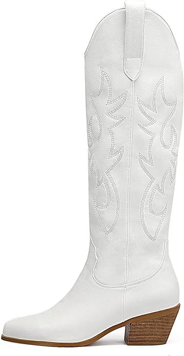 Women's Cowgirl Embroidered Western Knee High Boots, Pointed Toe Medium Chunky Heel 5cm Stitching... | Amazon (US)