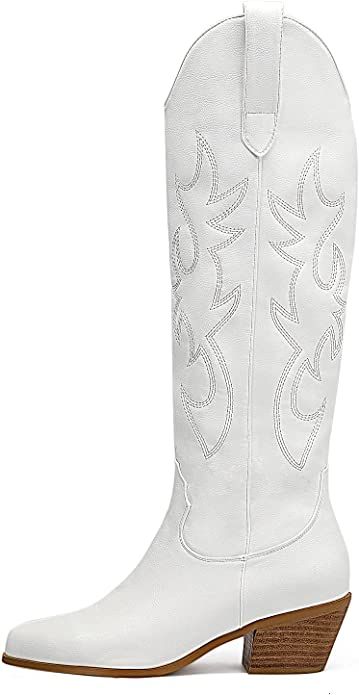 Women's Cowgirl Embroidered Western Knee High Boots, Pointed Toe Medium Chunky Heel 5cm Stitching... | Amazon (US)