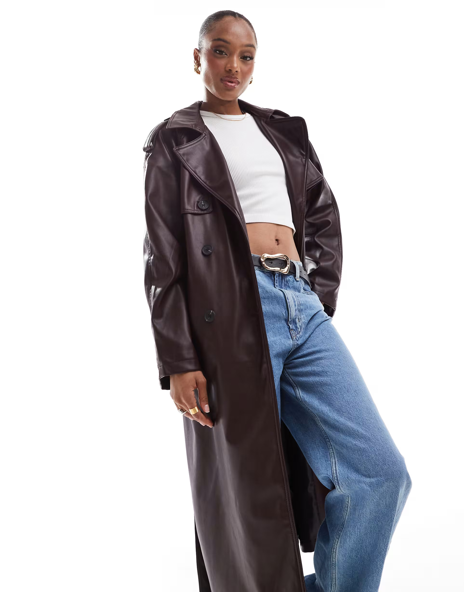 ASOS DESIGN Tall leather look trench coat in burgundy | ASOS (Global)