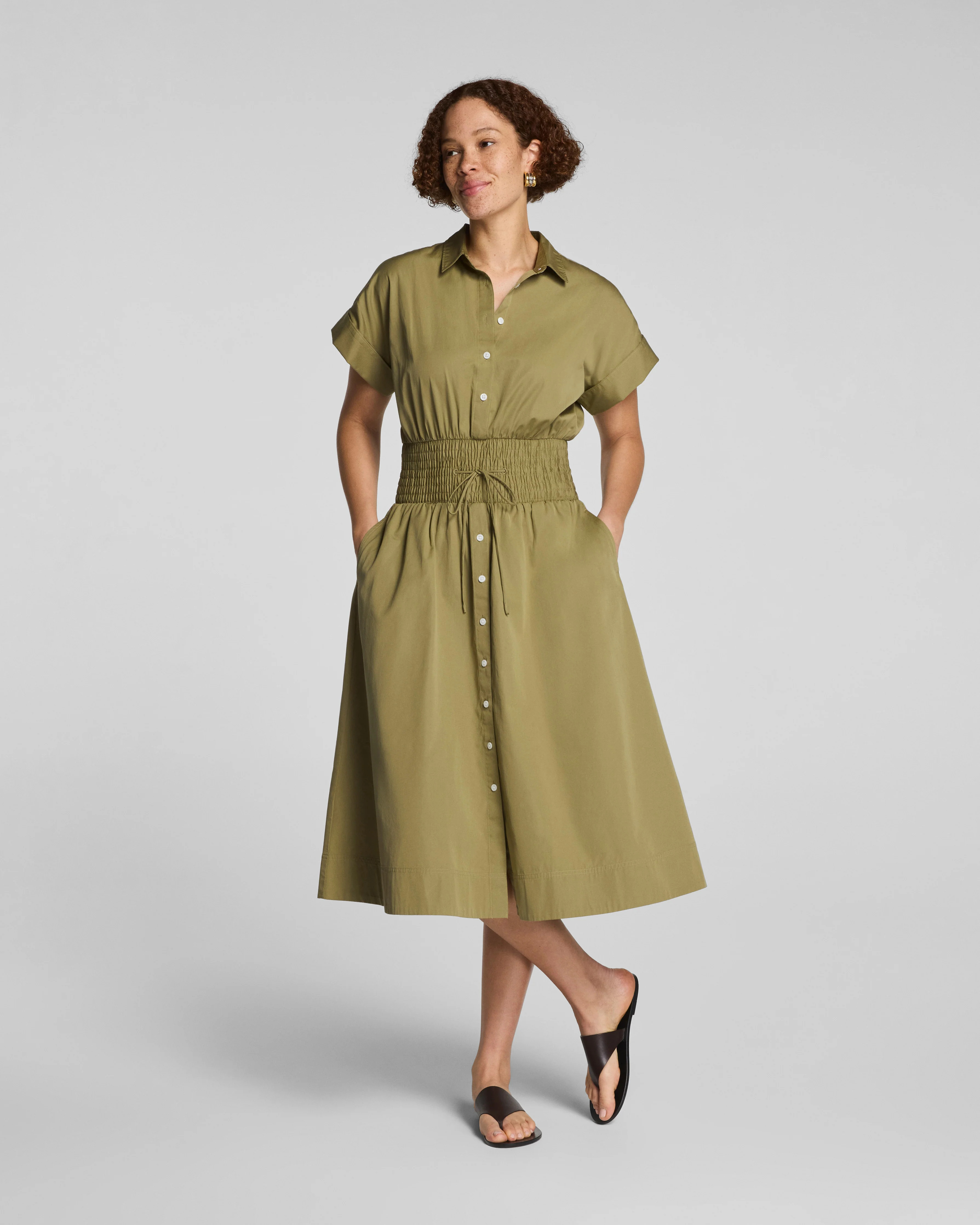 Spanx Women's Poplin Smocked Midi Shirt Dress in Aster/Classic White Stripe | Spanx