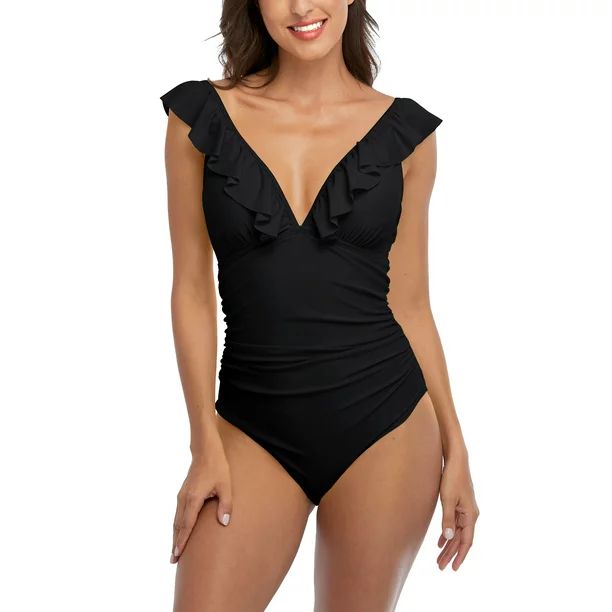 Charmo Women's Ruffle One Piece Swimsuit V Neck Bathing Suits Ladies Sexy Monokini Swimwear | Walmart (US)