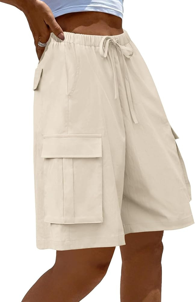 MEROKEETY Women's Summer Casual Cargo Shorts Elastic Waist Drawstring Hiking Bermuda Shorts with ... | Amazon (US)
