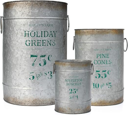 AuldHome Design Christmas Galvanized Greenery Buckets (Set of 3), Large, Medium, & Small Metal Fa... | Amazon (US)
