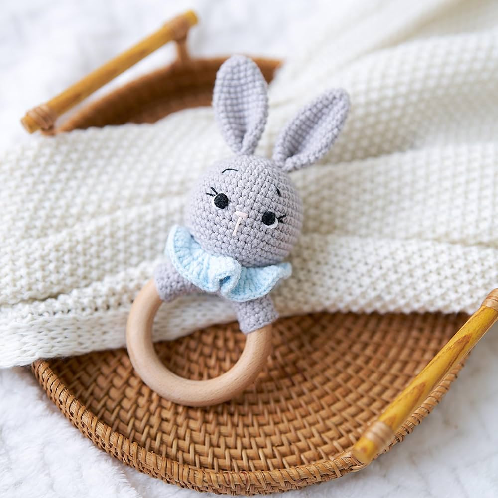 Wooden Baby Rattle Toy - Deluxe Handcrafted Wooden Bunny Rattle and Teether | White & Pink Croche... | Amazon (US)