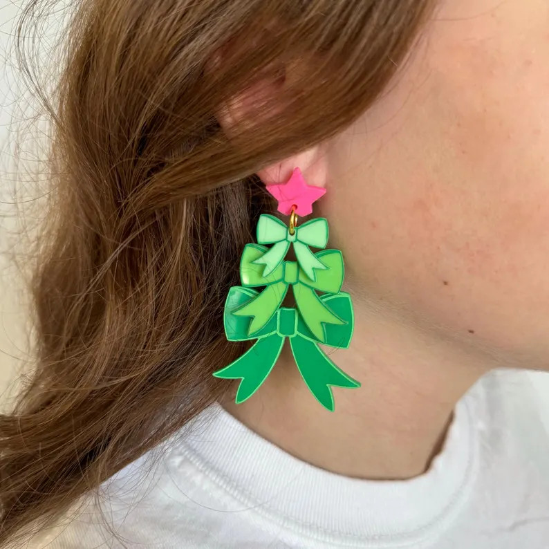 Green Bow Christmas Tree Earrings - Etsy | Etsy (US)
