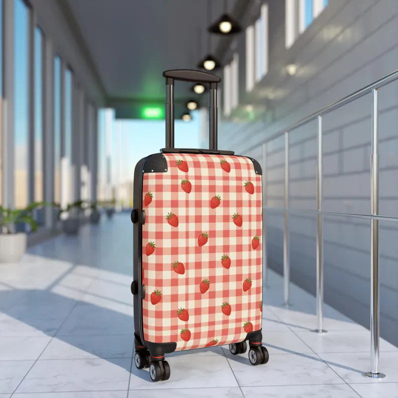 Strawberry Gingham Suitcase | Pink Check Luggage with Strawberry Pattern | Etsy (Global)