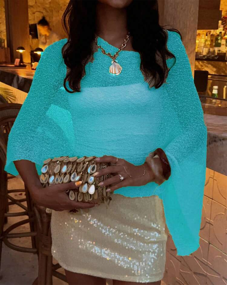 Womens Sheer Blouse Top Knit Lightweight Shrug Sweater Poncho Y2K Sheer See Through Knit Poncho Asymmetric Shrug Bolero Beach Cover Up Tops Pullover Crochet Shawls | SHEIN