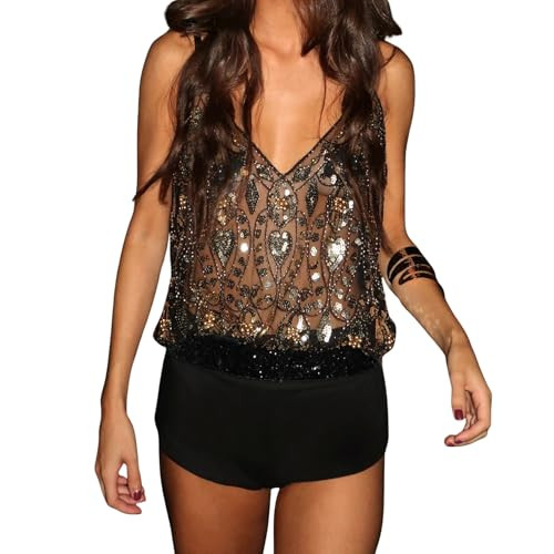 Women Sparkly Sequin Tank Top Beaded Sheer Mesh Cami V-Neck Rave Top | Amazon (US)