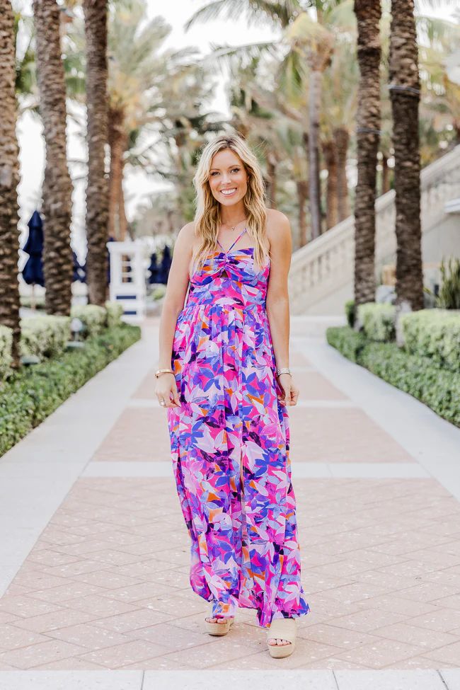On The Coast Of Somewhere Beautiful Purple Tropical Print Maxi Dress | Pink Lily