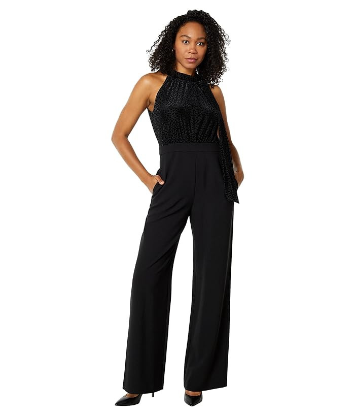 Vince Camuto Burnout Velvet Halter Bow Signature Stretch Crepe Jumpsuit | Zappos
