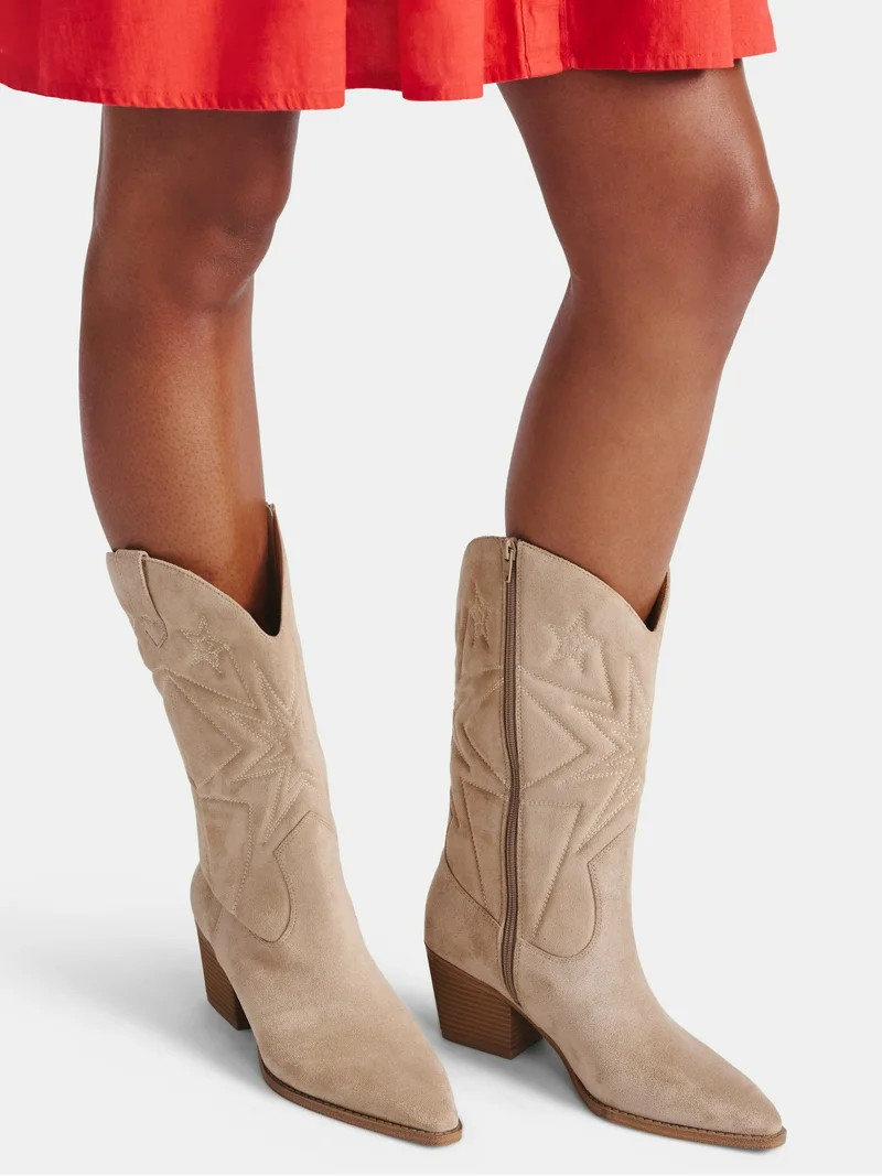 Time and Tru Women's Faux Suede Embroidered Western Boots, Wide Width Available | Walmart (US)