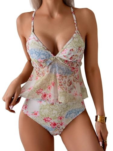 ZAFUL Tankini Swimsuits for Women V Neck Ruffle Floral Tummy Control Bikini Swimsuit 2 Pieces High Cut Bathing Suit (1-Light Green, S) | Amazon (US)