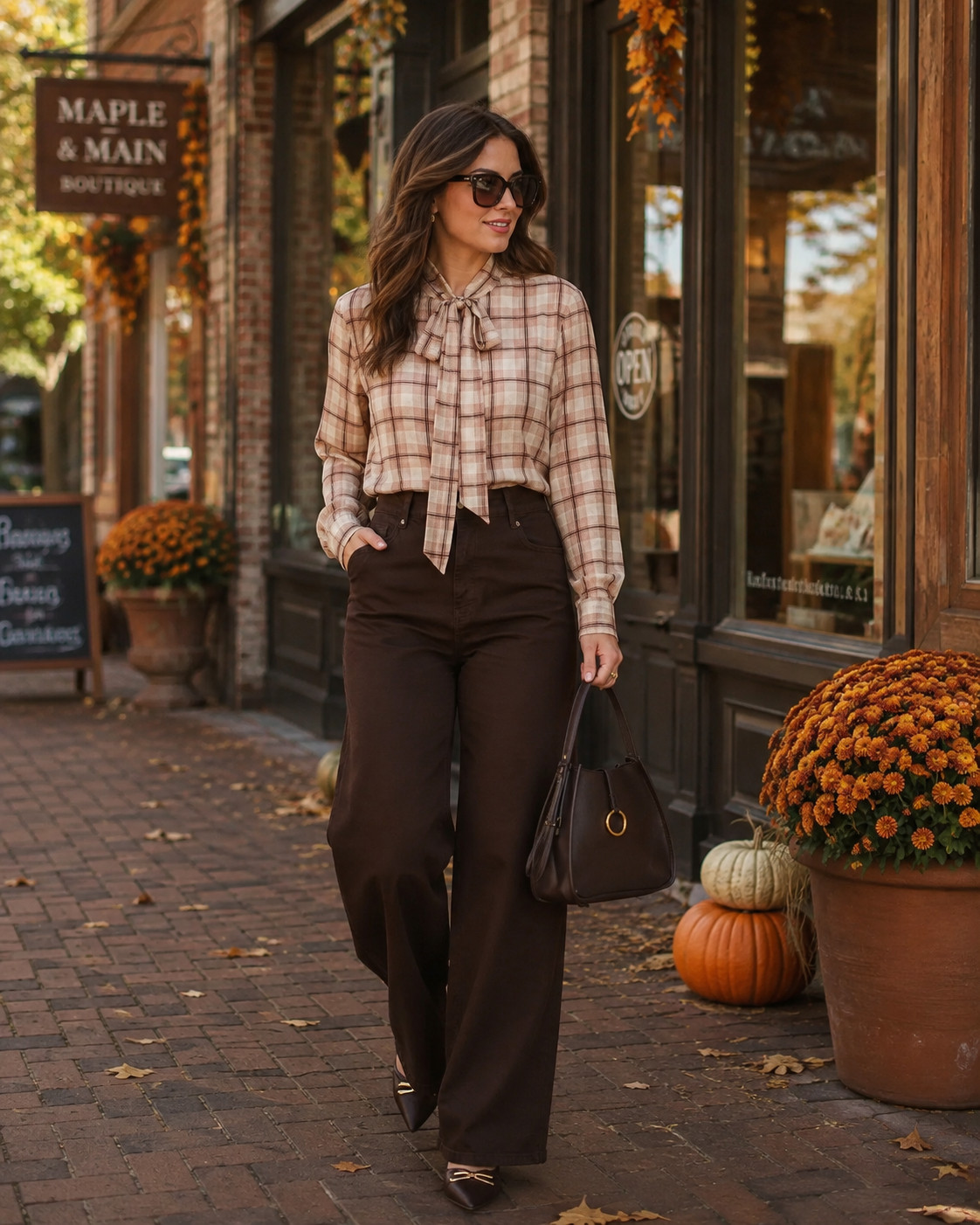This plaid blouse has such a polished fall look. I love the soft brown plaid with the tie-neck detail because it feels classic but still feminine. Pair it with chocolate wide-leg pants and a structured handbag for work, brunch, shopping, or any day you want to look a little more elevated. #PlaidBlouse #FallWorkwear #PreppyFallStyle #FallFashion #AutumnOutfit #FallOutfitIdeas #LTKStyle 

 #LTKSeasonal #LTKU #LTKSaleAlert