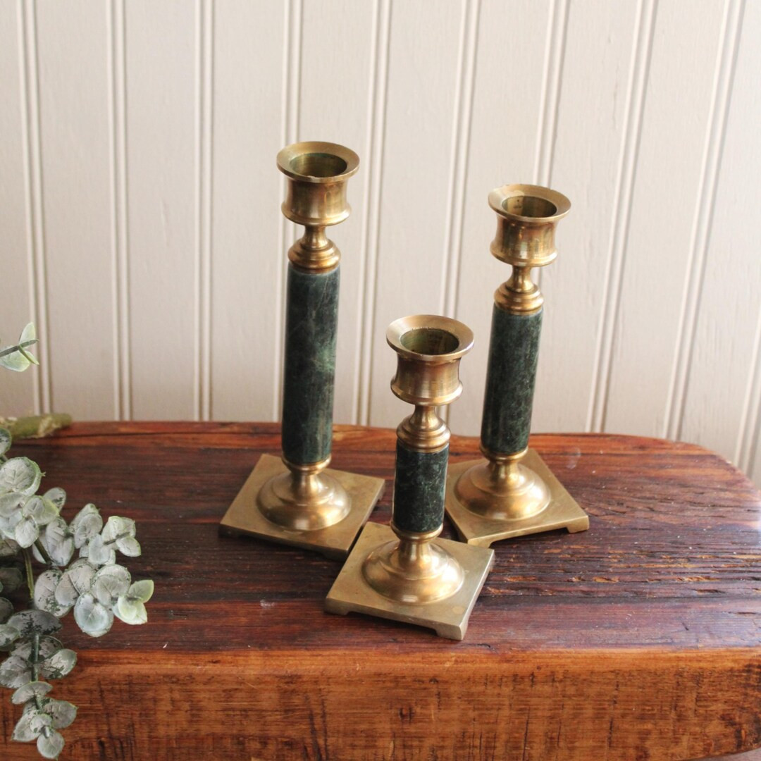 Vintage Candlestick Trio Set, Faux Green Marble and Brass. | Etsy (US)