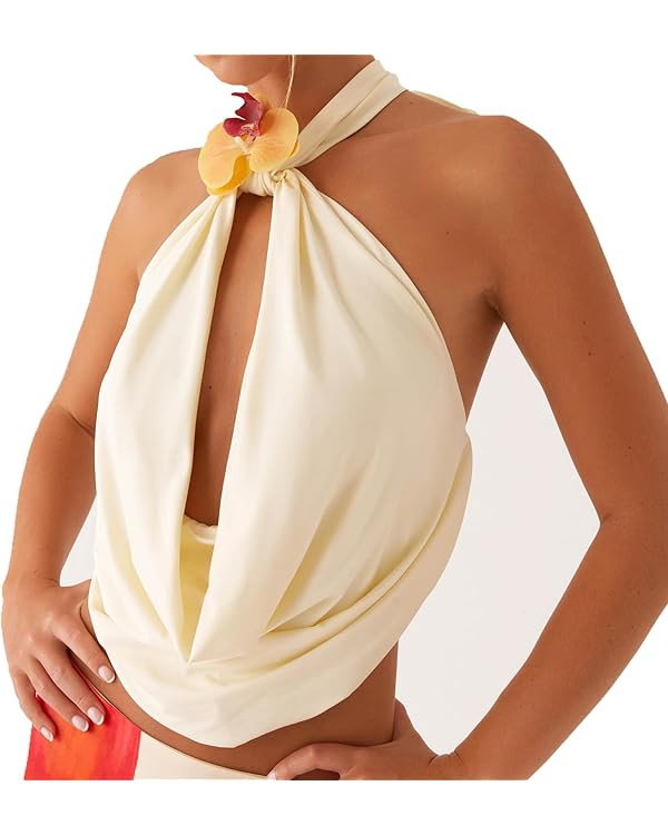Women 3D Flower Cami Top Vintage Solid Color Draped Front Halter Backless Camisole Sexy Cowl Neck... | Amazon (US)