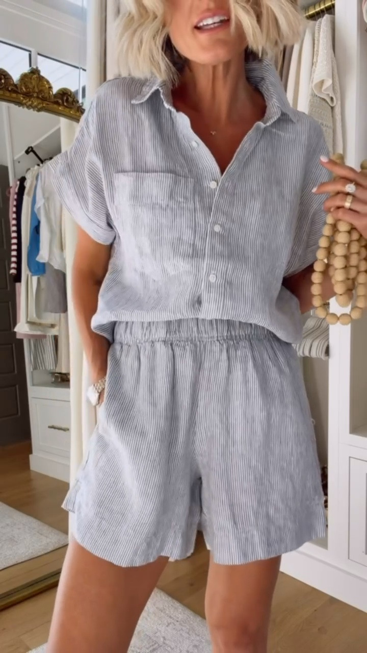 Love this blue pinstripe pattern for the summer! 😍 This is such a great set that you can dress up or down, and great for nursing moms since the buttons are functional! Wearing S!

Loverly Grey, Quincd, matching set, linen set, cover up, vacation looks, summer outfit

#LTKSeasonal