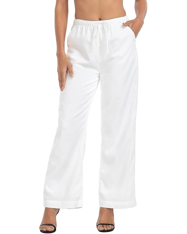 HDE Women's Linen Drawstring Pants Wide Leg Casual Palazzo Trouser with Pockets | Amazon (US)