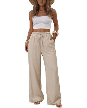 Duyang Womens Cotton Linen Palazzo Pants Drawstring Elastic Waist Casual Wide Leg Trousers with P... | Amazon (US)