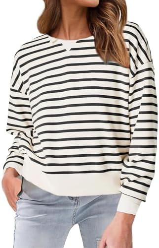 Glamaker Women's Striped Crewneck Sweatshirt Pullover Casual Long Sleeve Cropped Shirts Loose Fit... | Amazon (US)