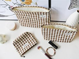 HAPPYHEIDI Large Makeup Bag Set 3 Travel Cosmetic Pouch, Brown Gingham | Amazon (US)