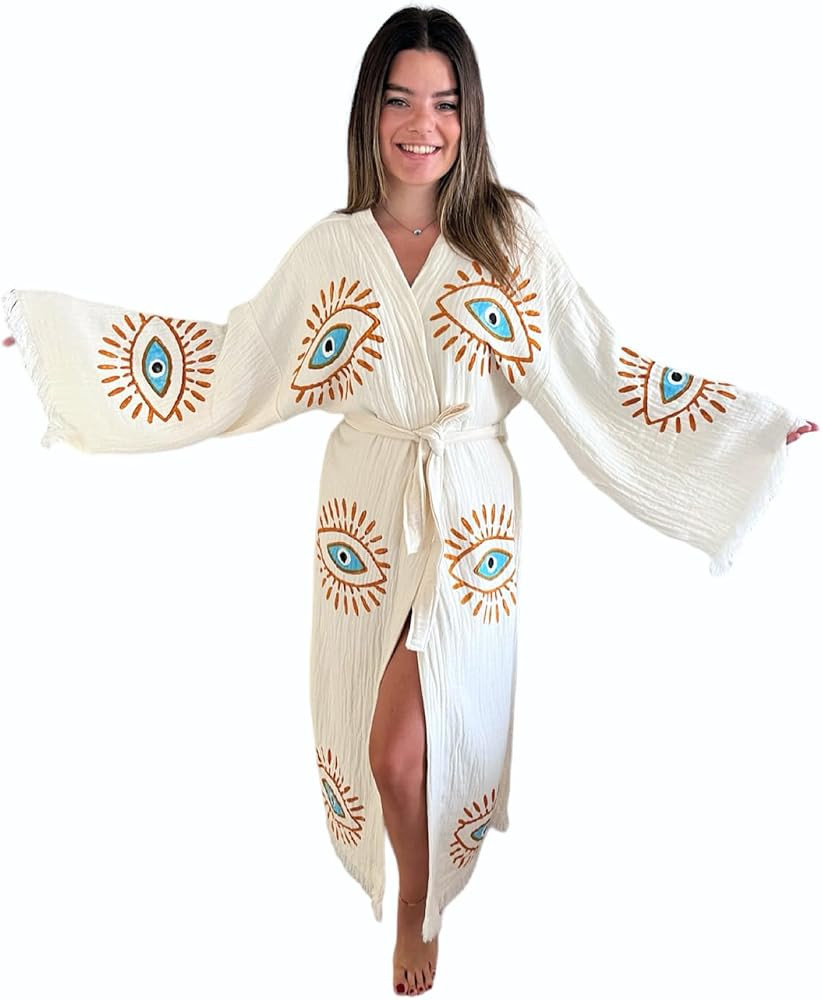 Handmade Evil Eye Kimono - Women Beach Cover Up - Festival Bohemian Robe - Boho Cotton Cardigan - Dressing Gown | Amazon (US)