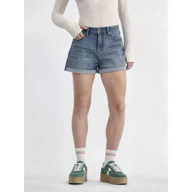 No Boundaries High Rise Denim Rolled Cuff Shorts, Women's - Walmart.com | Walmart (US)