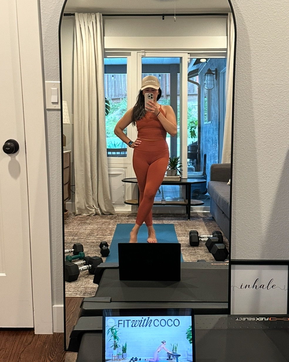 These are the comfiest matching workout sets. The first terracotta set feels like butter and is so soft and the next set is super soft but has a little bit more compression. So affordable and comes in petite sizes too.