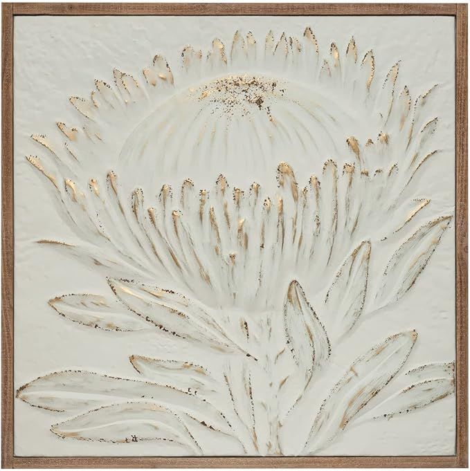 Creative Co-Op Wood Framed Metal Wall Décor with Embossed Protea and Brush Finish, Antique White... | Amazon (US)