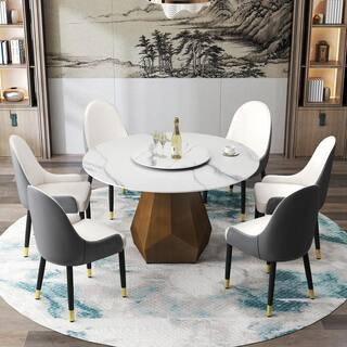 53 in. White Circular Rotable Sintered Stone Tabletop with Lazy Susan Pedestal Base Kitchen Dining Table (Seats-6) | The Home Depot
