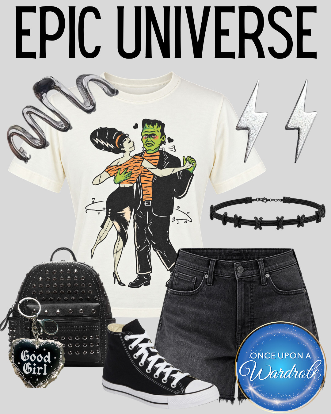A Frankenstein and Bride of Frankenstein-inspired Epic Universe outfit with a retro graphic tee, black denim shorts, high-top sneakers and spooky black accessories. The lightning bolt earrings, stitched choker and studded backpack make this a great Dark Universe outfit for Universal Epic Universe, especially during Halloween season.

#LTKootd #LTKTravel