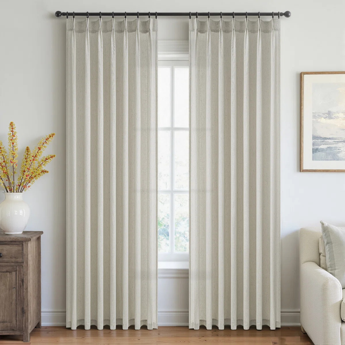 Pleated Linen Curtains, Semi Sheer Light Filtering Pinch Pleat with Hooks and Rings,Back Tab Drap... | Wayfair North America