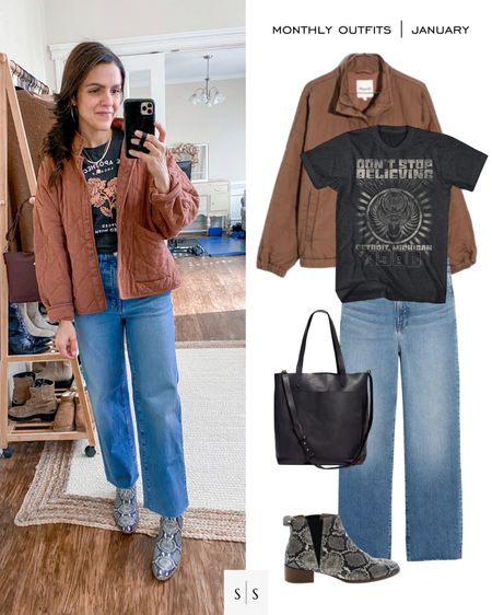 Monthly outfit planner : JANUARY looks | #widelegjean #snakeboot #quiltedjacket #winterstyle #graphictee #winteroutfit | See entire calendar on thesarahstories.com ✨

#LTKstyletip