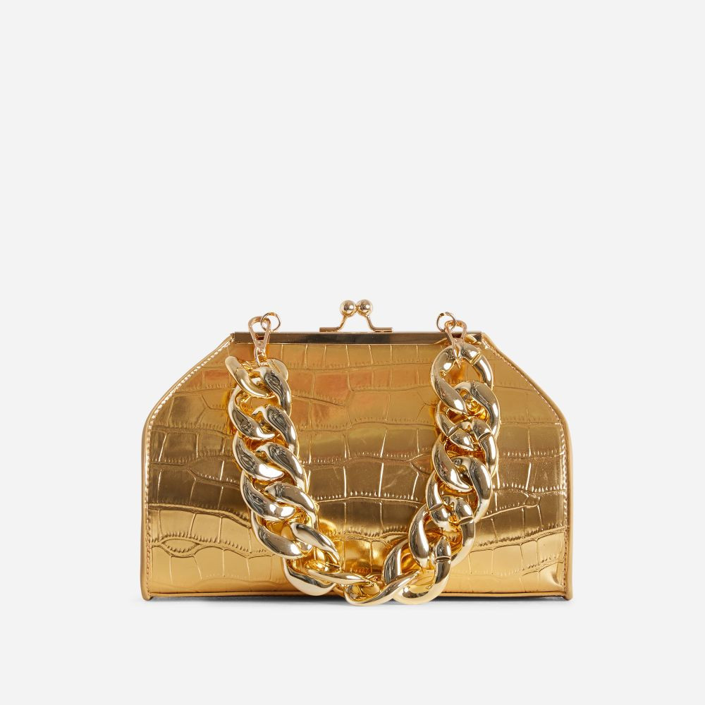 Tuco Chunky Chain Detail Boxy Grab Bag In Gold Croc Faux Leather | EGO Shoes (US & Canada)