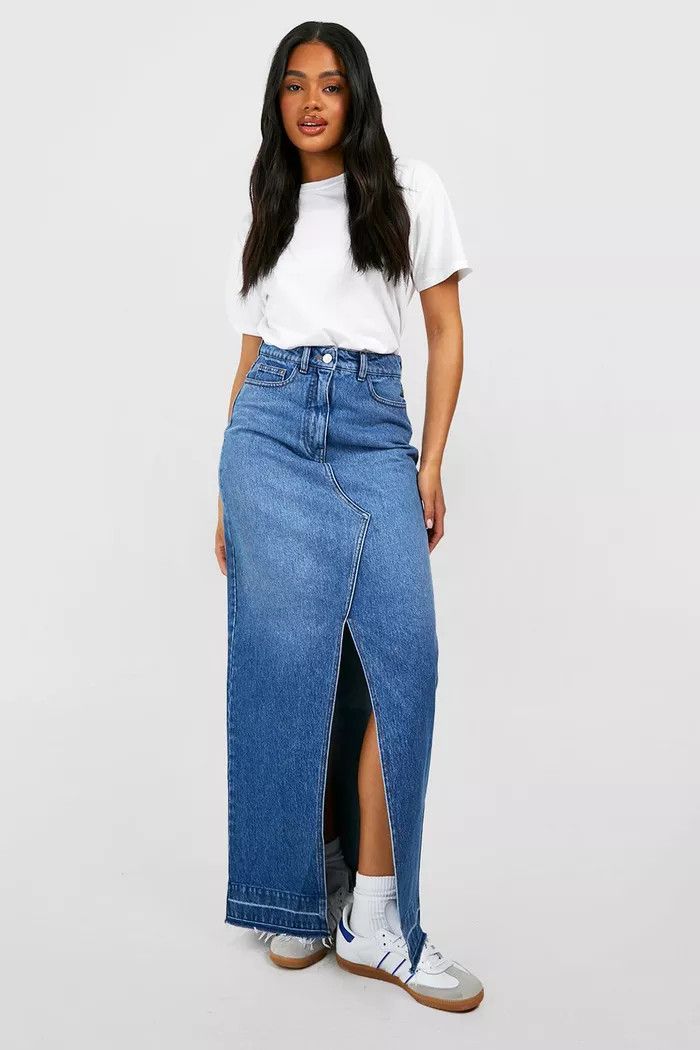 High Waisted Split Front Denim Maxi Skirt | Boohoo.com (US & CA)