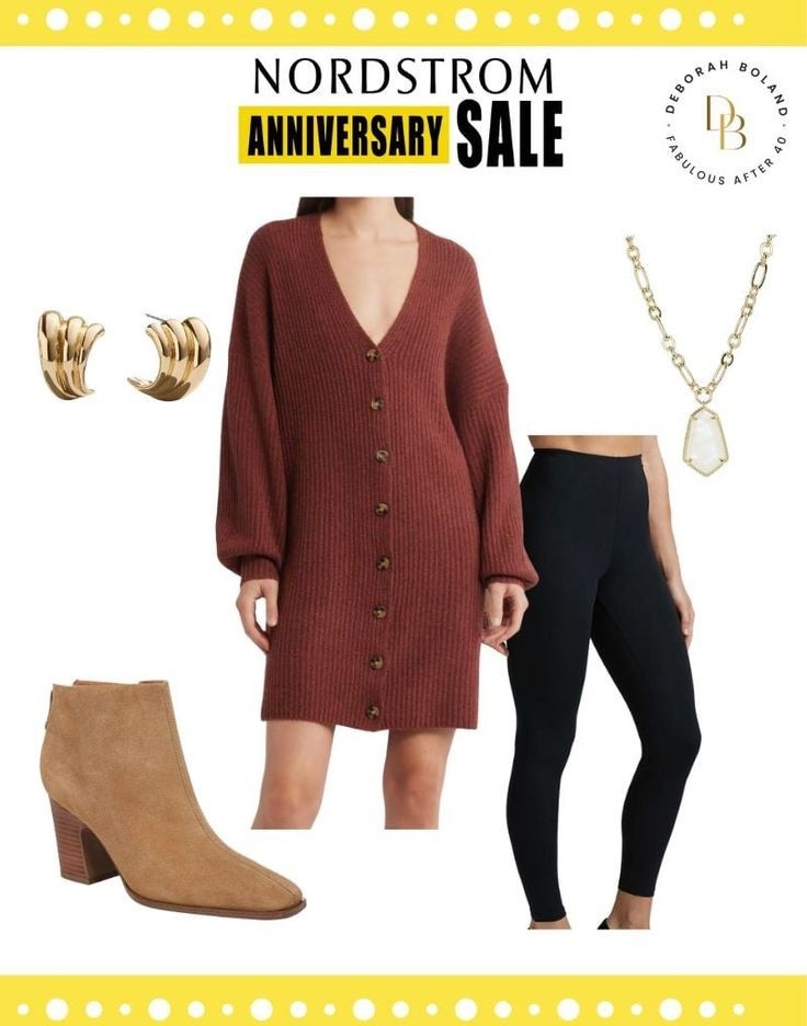 Cozy, chic, and all on sale! 🤎✨
This look from the Nordstrom Anniversary Sale is fall-ready with a ribbed button-down sweater dress, classic black leggings, and suede ankle booties. Add gold jewelry for a touch of polish and you’re set for crisp days ahead!

🛍️ Don’t wait—these pieces won’t last long!

#NordstromAnniversarySale #FallStyle #Over40Fashion #CozyAndChic #FabulousAfter40 #WardrobeRefresh

#LTKOver40 #LTKSaleAlert #LTKSeasonal