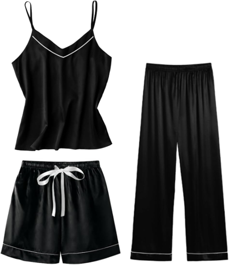 SWOMOG Womens 4pcs Pajamas Sets Short Sleeve Camisole with Button Down Shirt Pjs Silk Satin Sleep... | Amazon (US)
